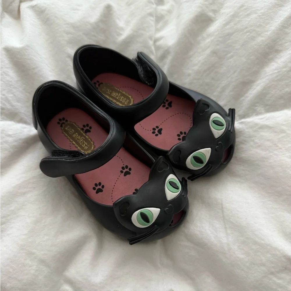 Mini Melissa Black Cat Velcro Ballerina Shoes Mary Janes